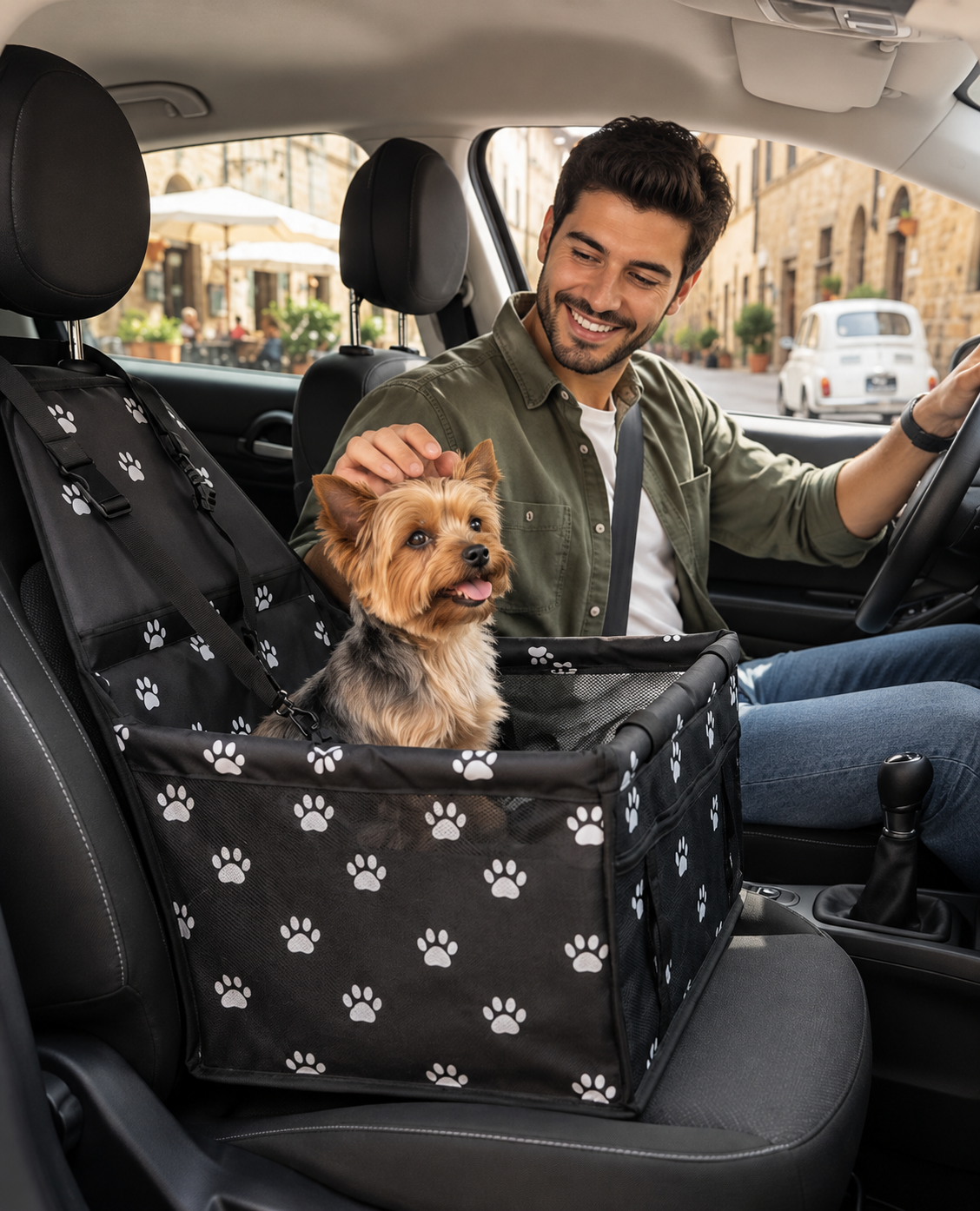Seggiolino auto per cani FidoFresco con cintura di sicurezza per la pettorina