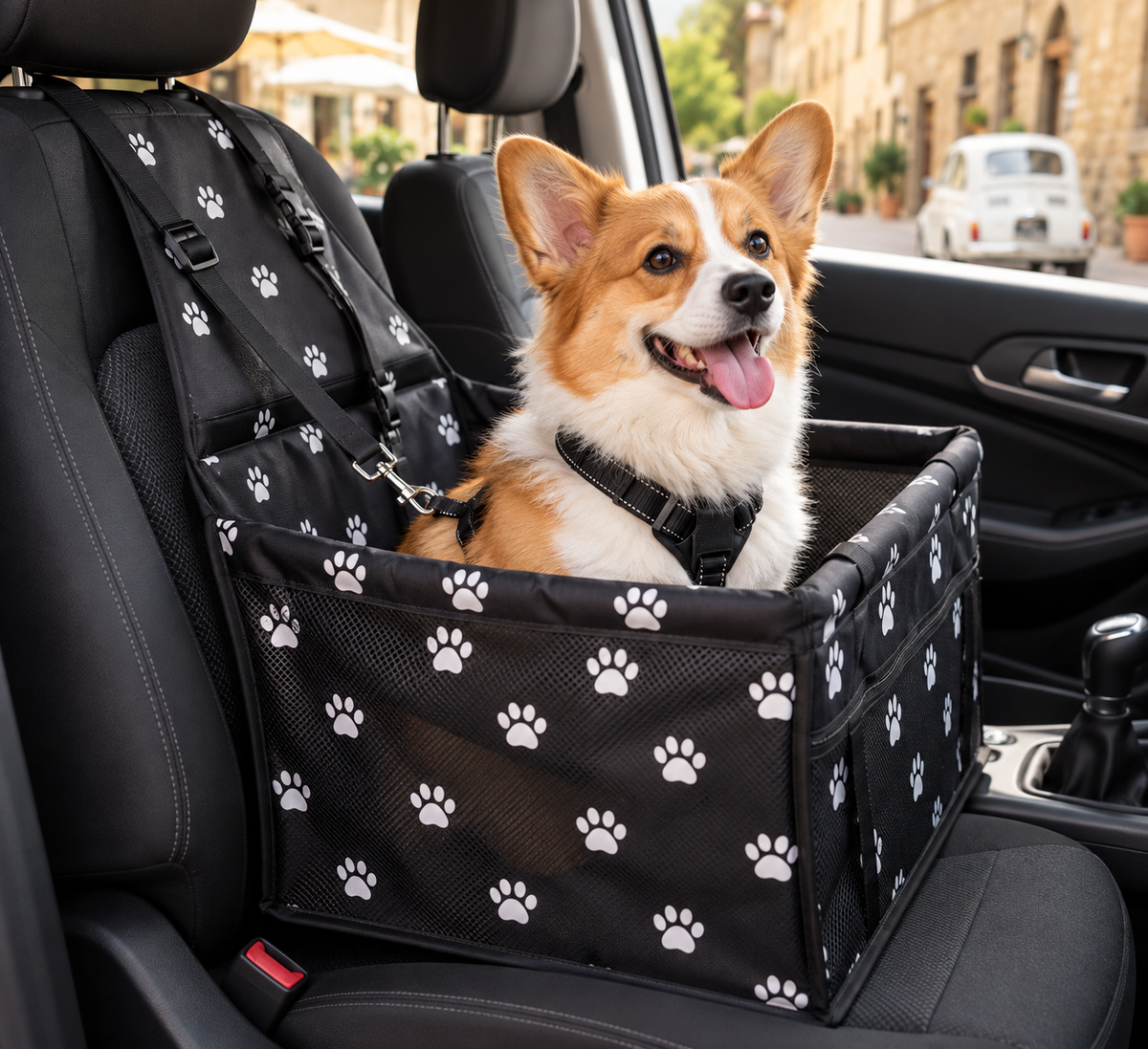Seggiolino auto per cani FidoFresco montato sul sedile dell'auto